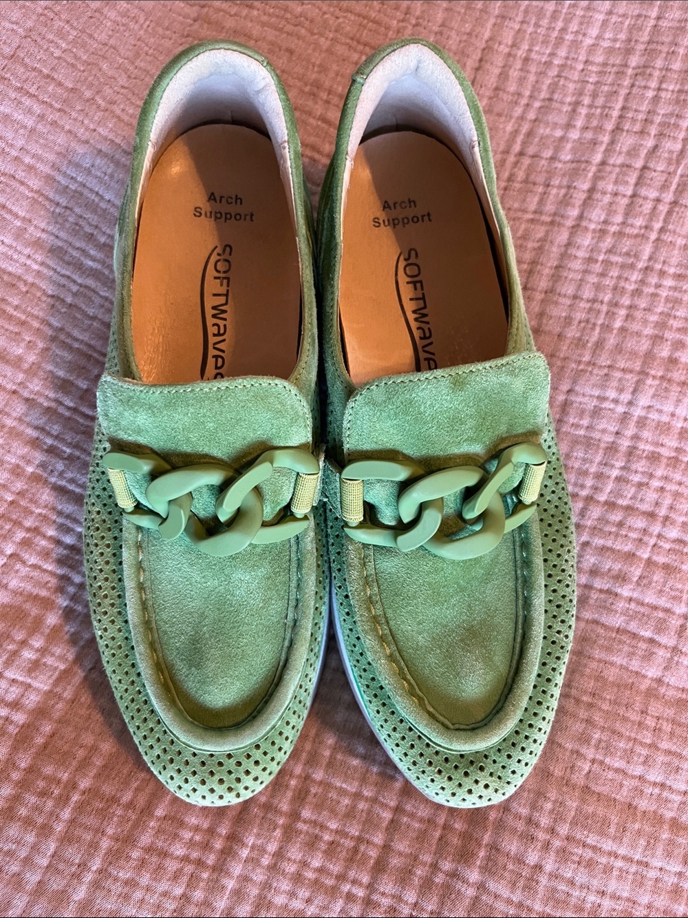 Softwaves Bright Green Suede Chain-Link Loafers